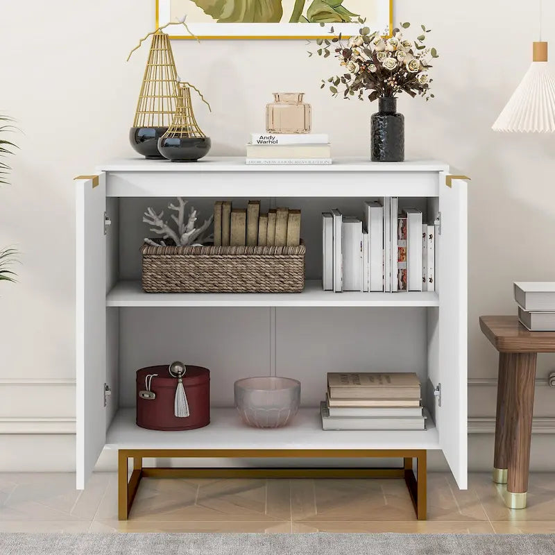 Meuble de rangement blanc et doré à 2 portes, buffet/bahut avec rangement