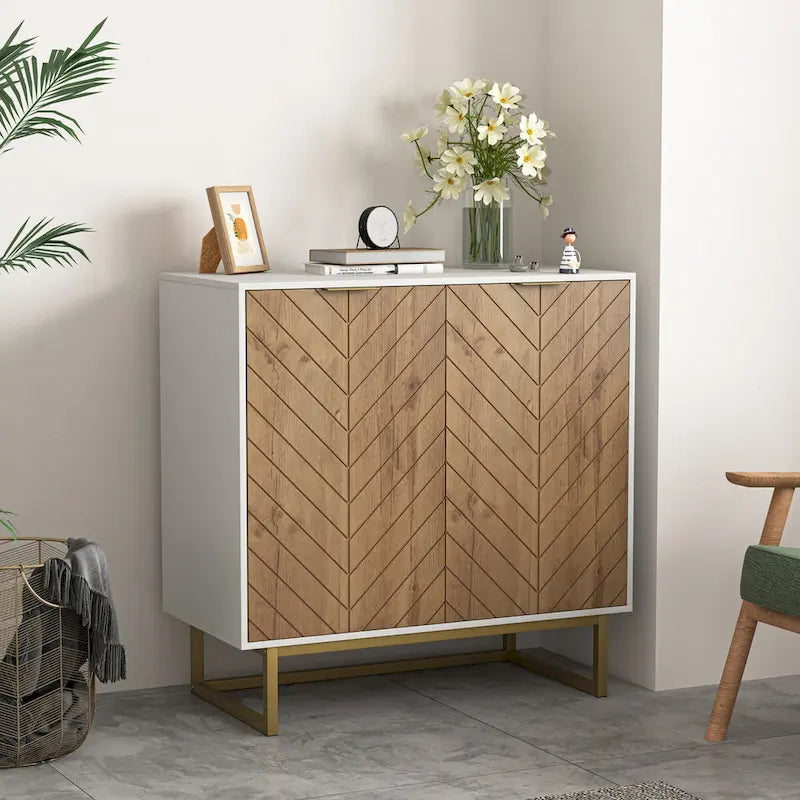 Meuble de rangement blanc et doré à 2 portes, buffet/bahut avec rangement