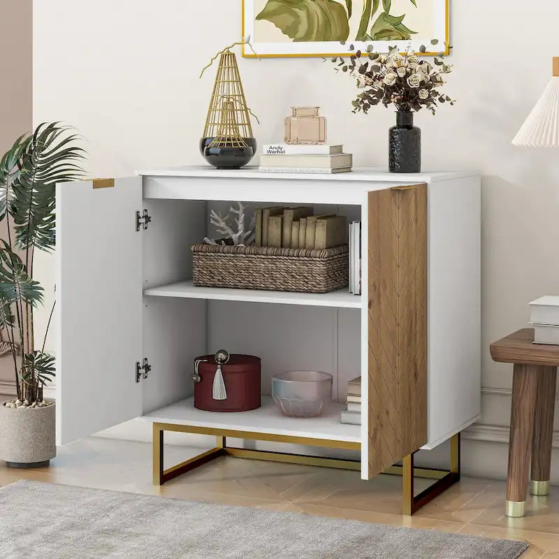 Meuble de rangement blanc et doré à 2 portes, buffet/bahut avec rangement