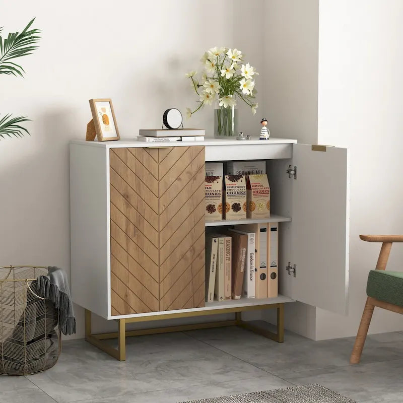 Meuble de rangement blanc et doré à 2 portes, buffet/bahut avec rangement
