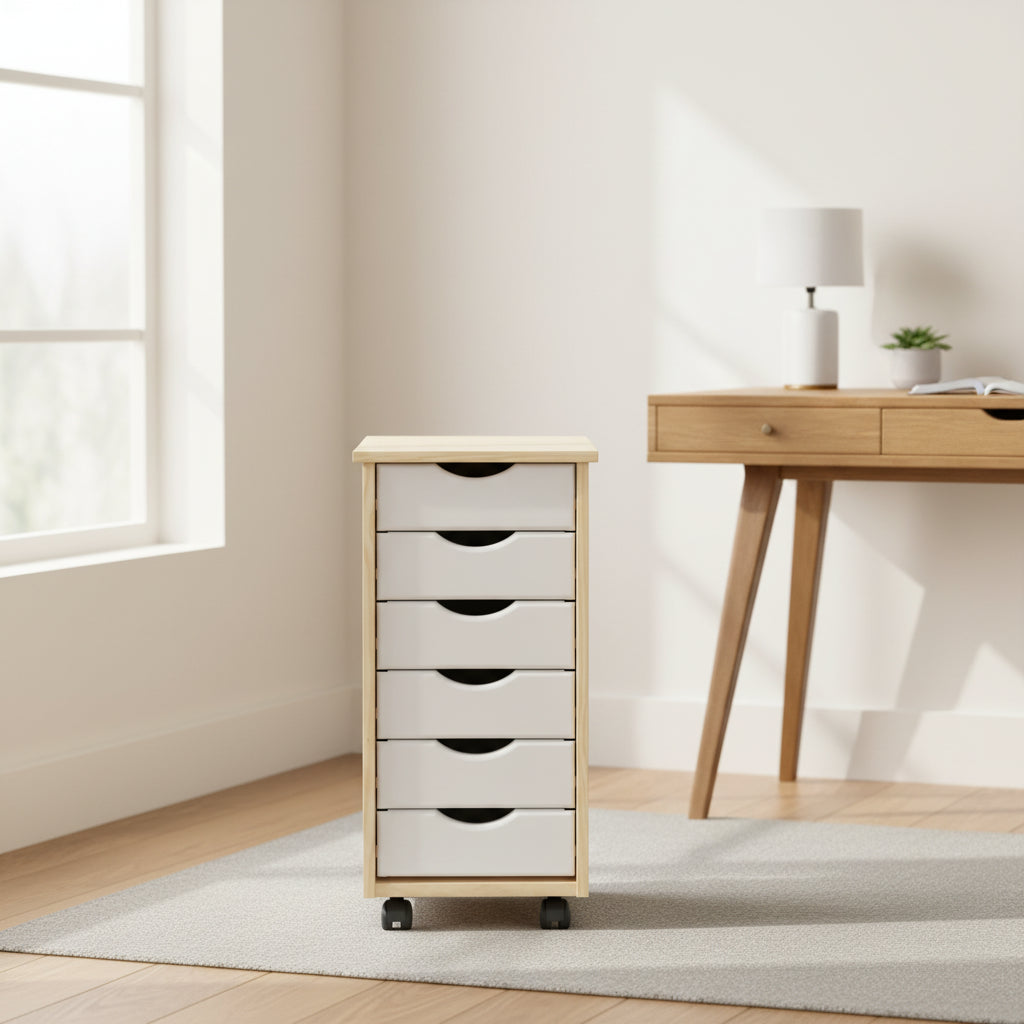 Adeptus Original Roll Cart, Solid Wood, 6 Drawer Narrow Roll Cart, Natural and White